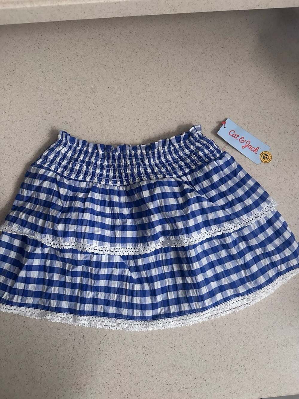 Cat & Jack Girls Blue Gingham Tiered Smocked Skirt Size XS (4/5)